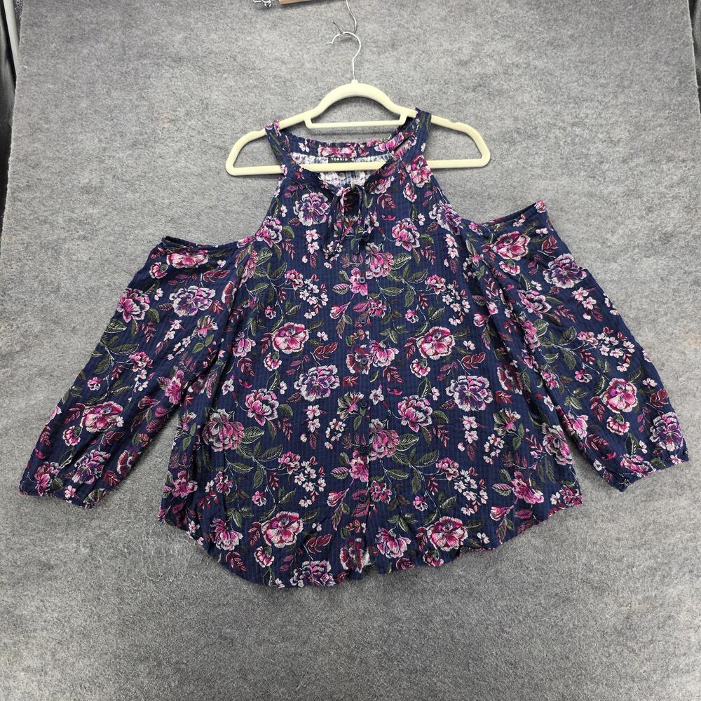 Torrid Shirt Womens 2 Blue Floral Boho Cold Shoulder Halter Tunic Long Sleeve